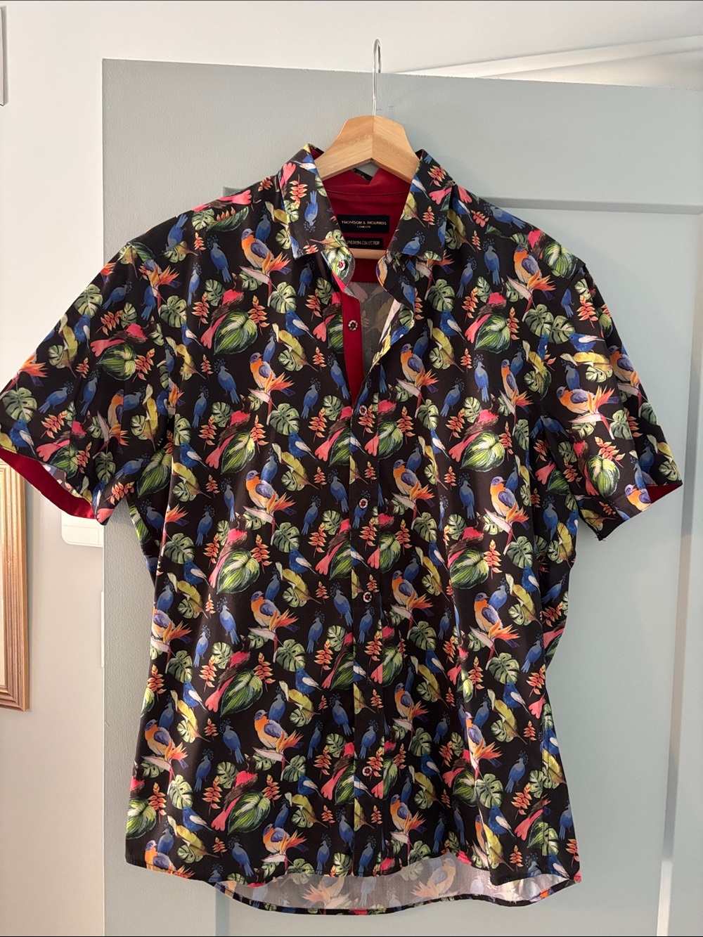 Navy Short-Sleeve Button Down Shirt with Multicolor Tropical Bird Print